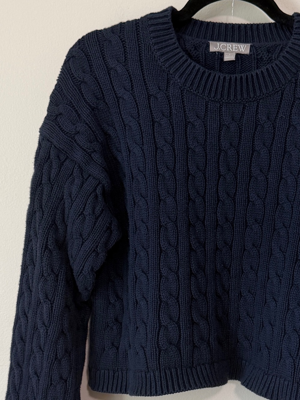 J Crew cropped cable knit navy blue sweater fishermancore size S 100% cotton - Picture 2 of 4